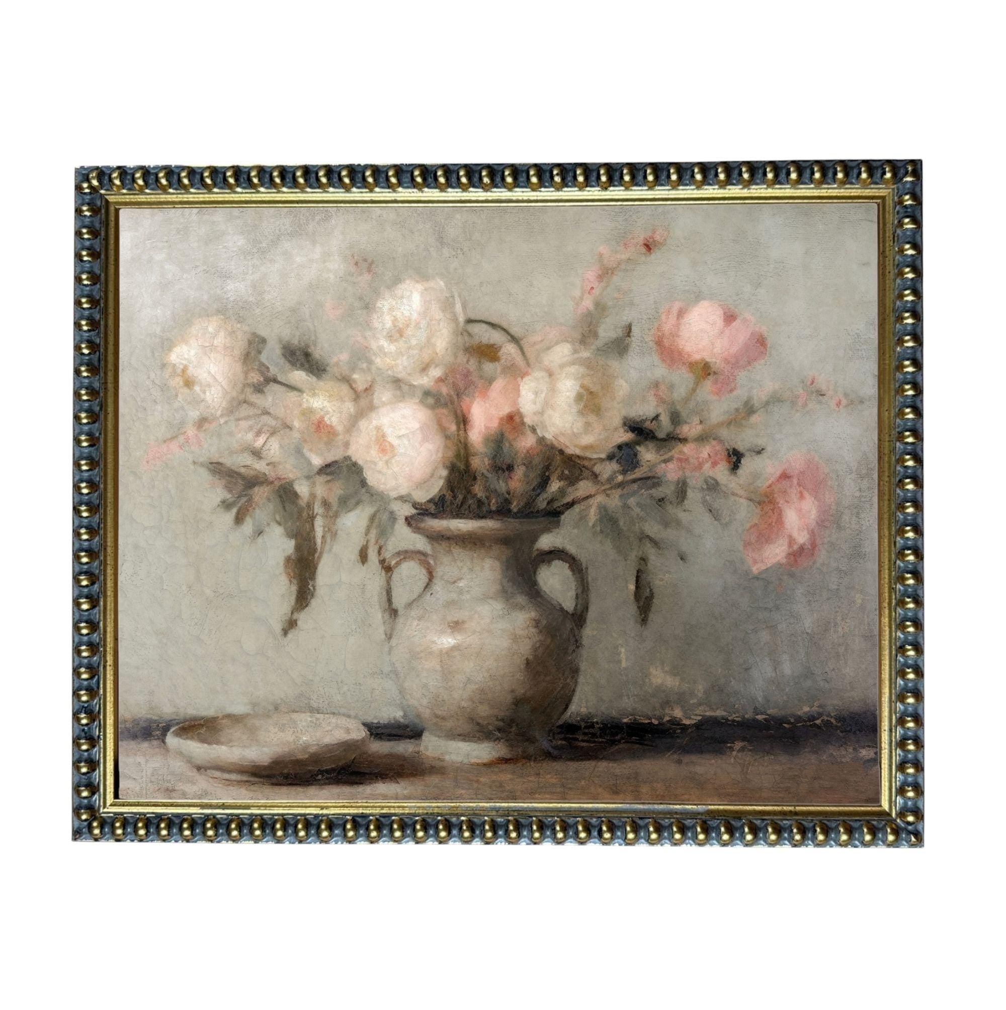 A painting of a vase filled with pink and white flowers, placed on a table.