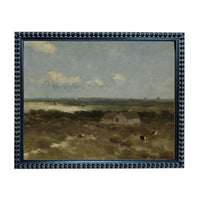 The image is a painting depicting a rural landscape with a small house and cows grazing in the foreground.