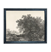 A black and white landscape painting depicting a serene forest scene with a large tree in the foreground and smaller trees and foliage in the background.