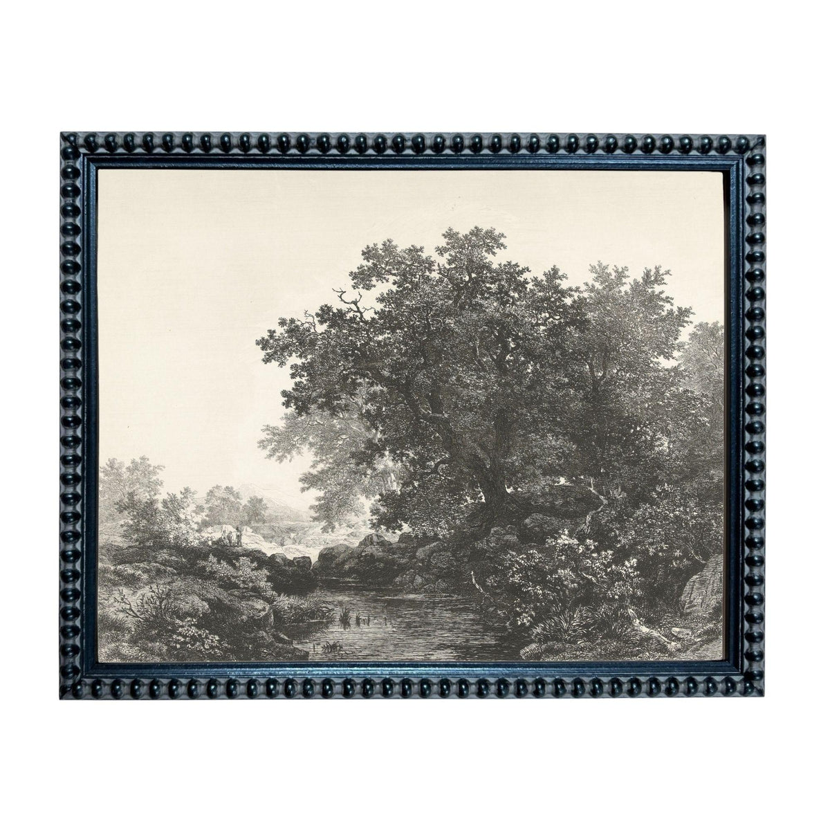 A black and white landscape painting depicting a serene forest scene with a large tree in the foreground and smaller trees and foliage in the background.
