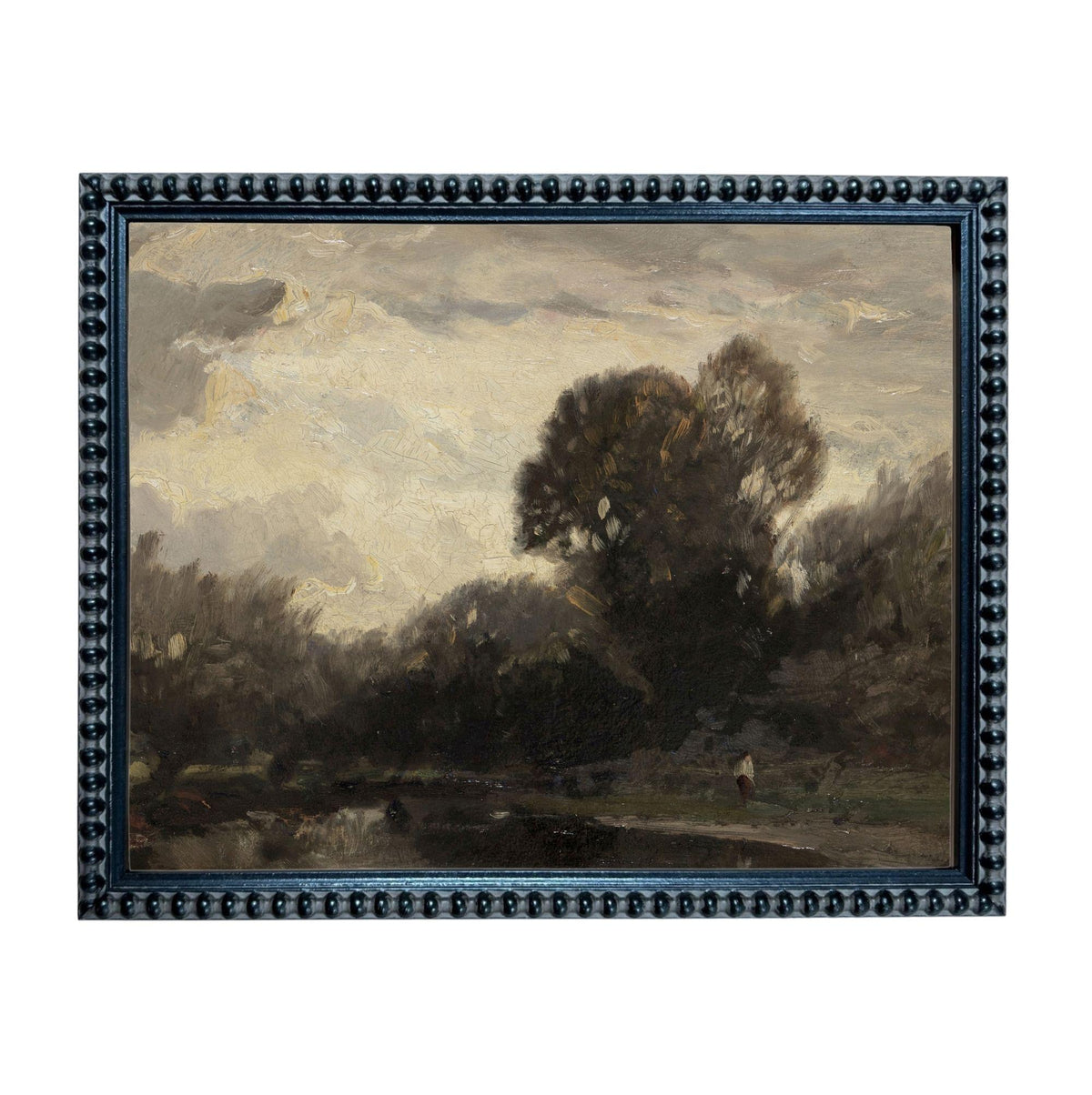 The image is a framed painting depicting a serene landscape with a large tree in the foreground and a body of water in the background.