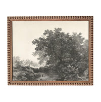 The image is a black and white landscape painting depicting a serene forest scene with a large tree in the foreground and smaller trees and foliage in the background.