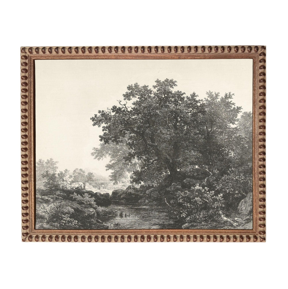The image is a black and white landscape painting depicting a serene forest scene with a large tree in the foreground and smaller trees and foliage in the background.