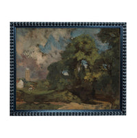 The image is a framed painting depicting a rural landscape with a church in the background.