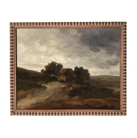 The image is a painting of a rural landscape with a dirt road leading to a small building or structure in the distance.