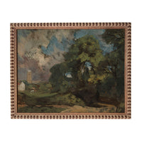 The image is an oil painting depicting a rural landscape with a large tree, a building, and a person walking through the field.