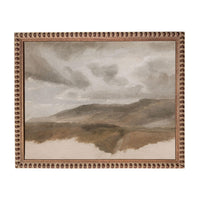 The image is a painting of a landscape with mountains in the background and a cloudy sky above.