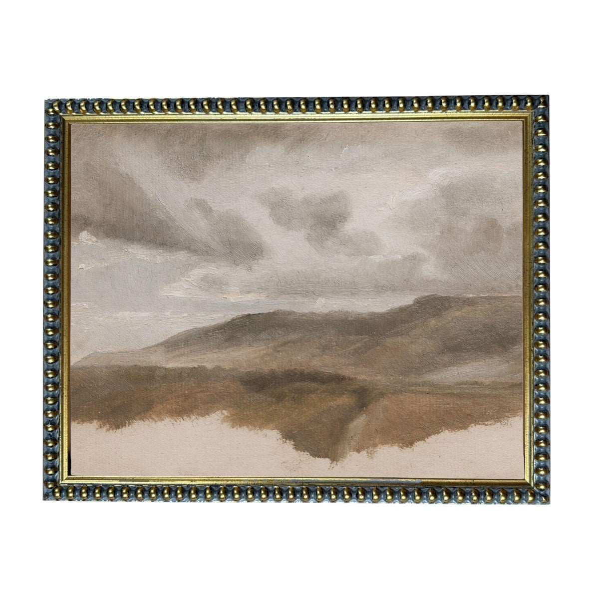The image is a painting of a landscape with mountains in the background and a cloudy sky above.