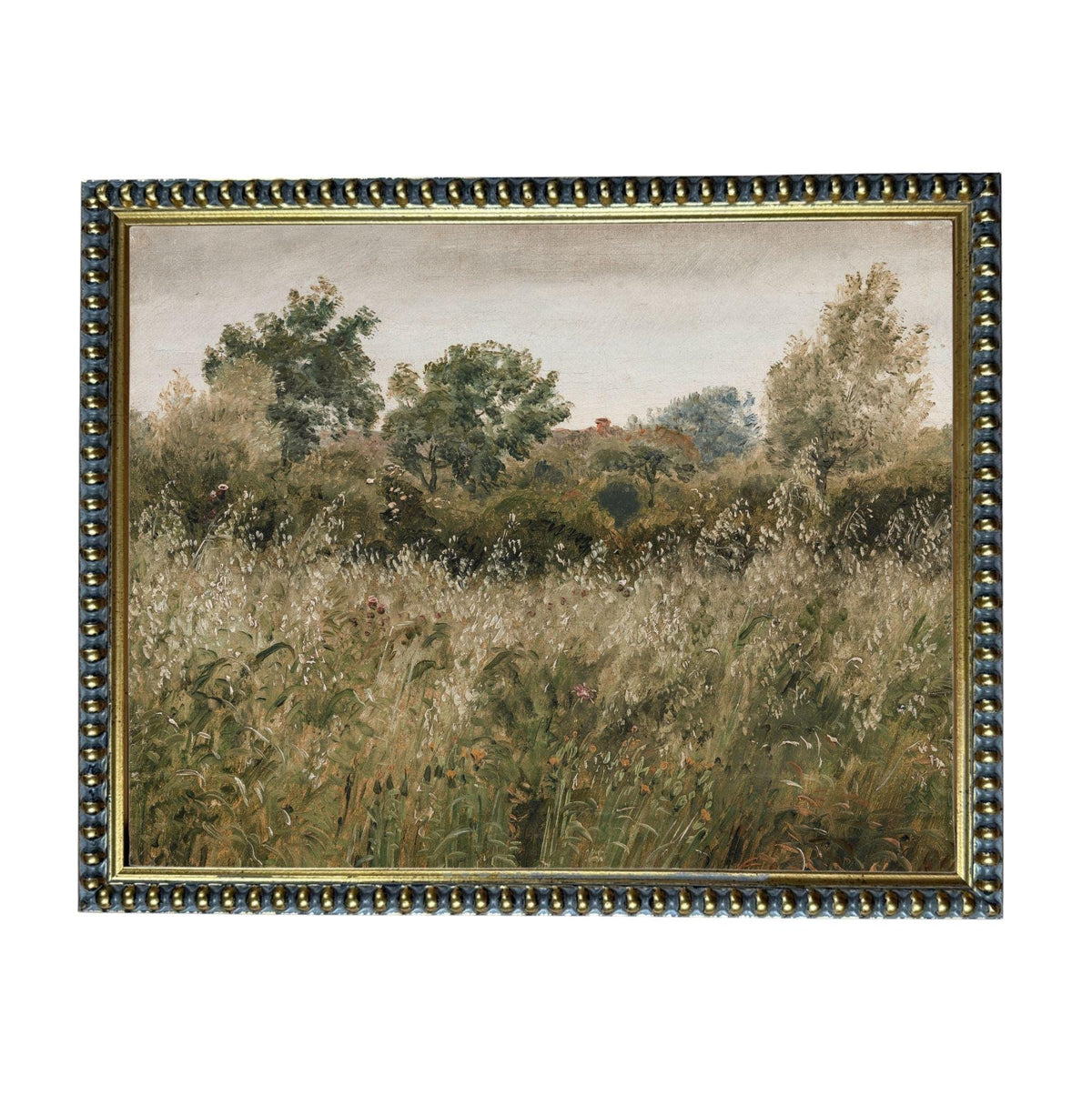 The image is a painting of a field with tall grass and trees in the background.