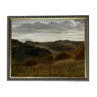 The image is a painting of a landscape with rolling hills, trees, and a cloudy sky.