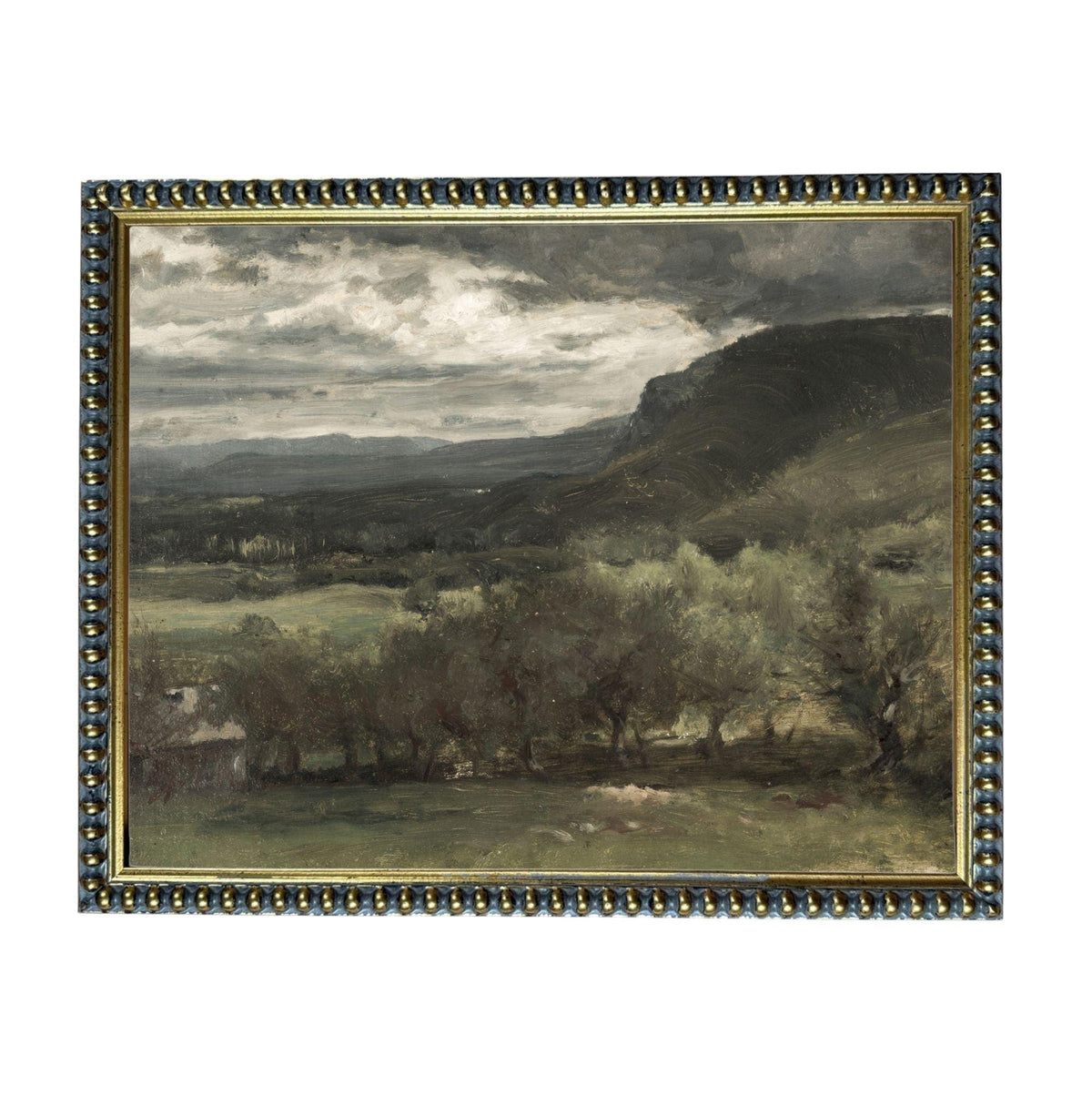 The image is a painting of a landscape with a cloudy sky, mountains, and trees.