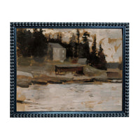 The image is a framed painting depicting a serene landscape with a body of water, trees, and a building in the background.