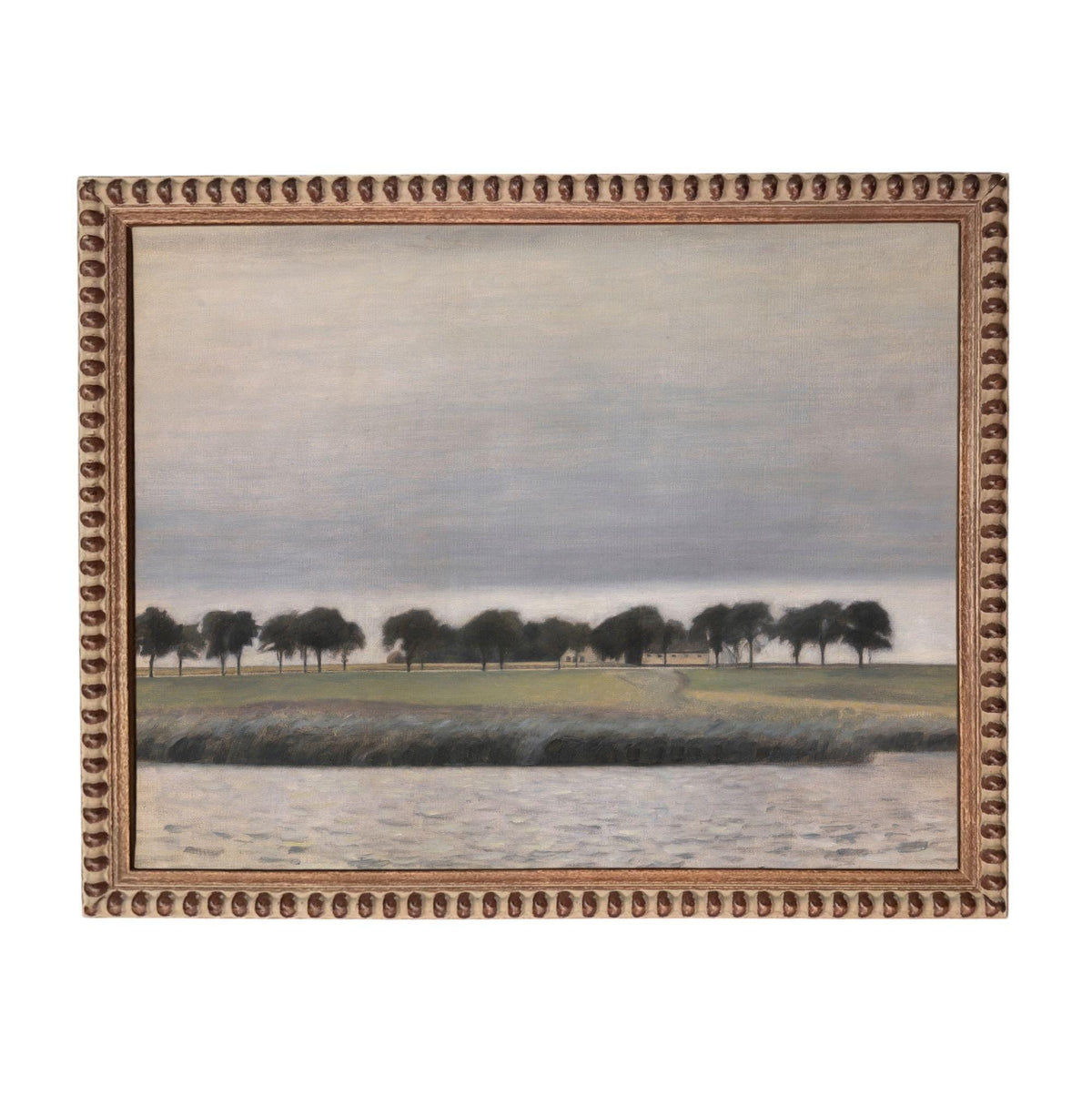 The image is a painting depicting a serene landscape with a body of water, trees, and a cloudy sky.
