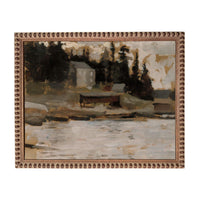 The image is a painting depicting a serene landscape with a body of water, trees, and a building in the background.