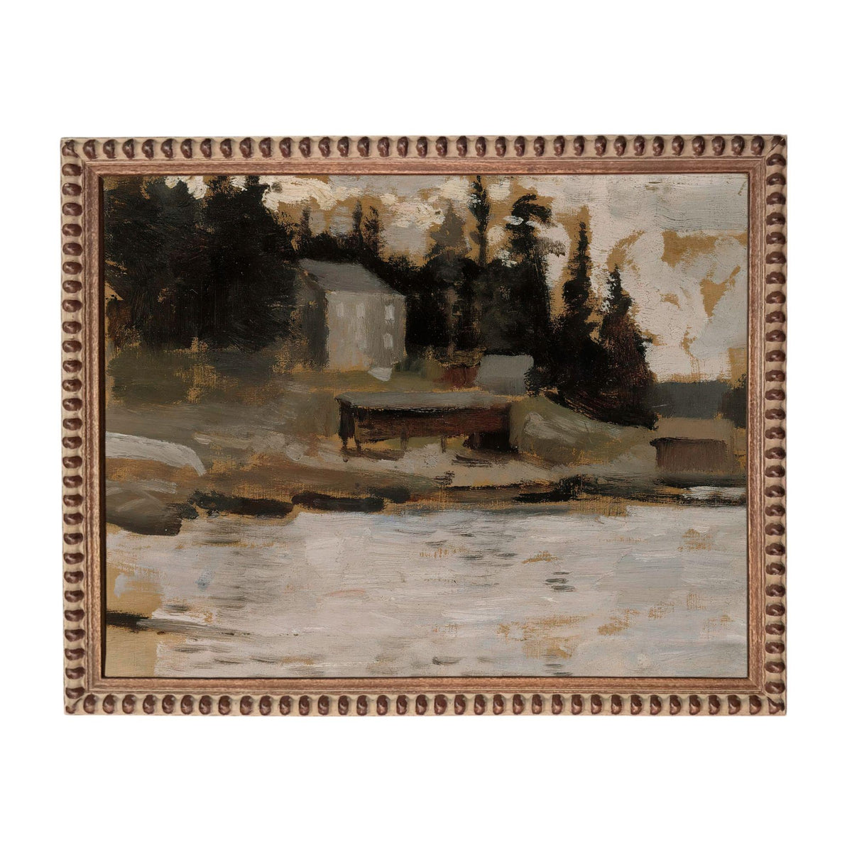 The image is a painting depicting a serene landscape with a body of water, trees, and a building in the background.