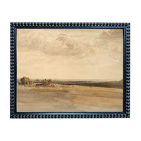 The image is a framed painting depicting a rural landscape with a field, trees, and a cloudy sky.