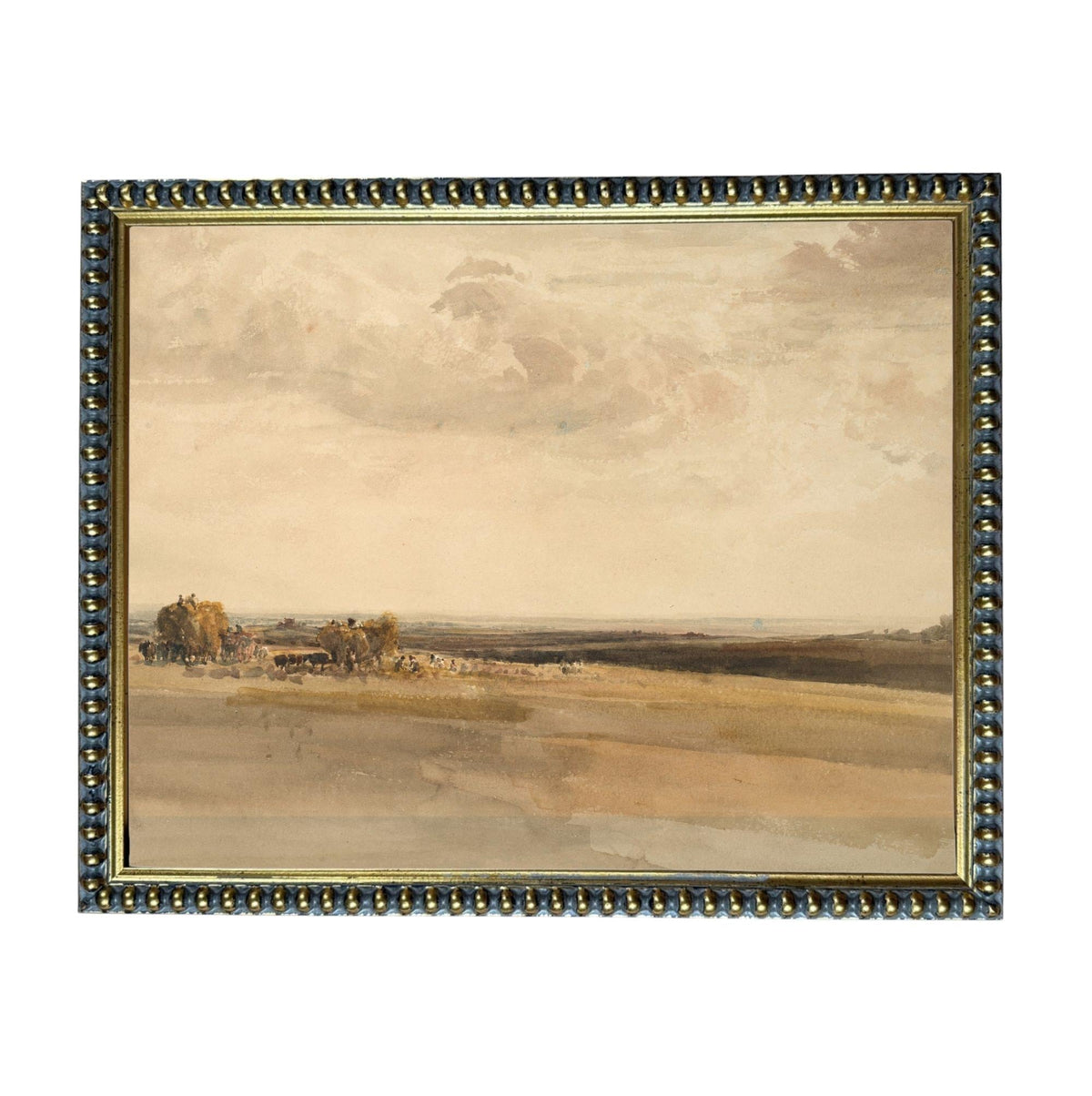The image is a painting of a rural landscape with a field, trees, and a cloudy sky.