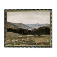 The image is a painting of a landscape featuring a grassy field, trees, and mountains in the distance.