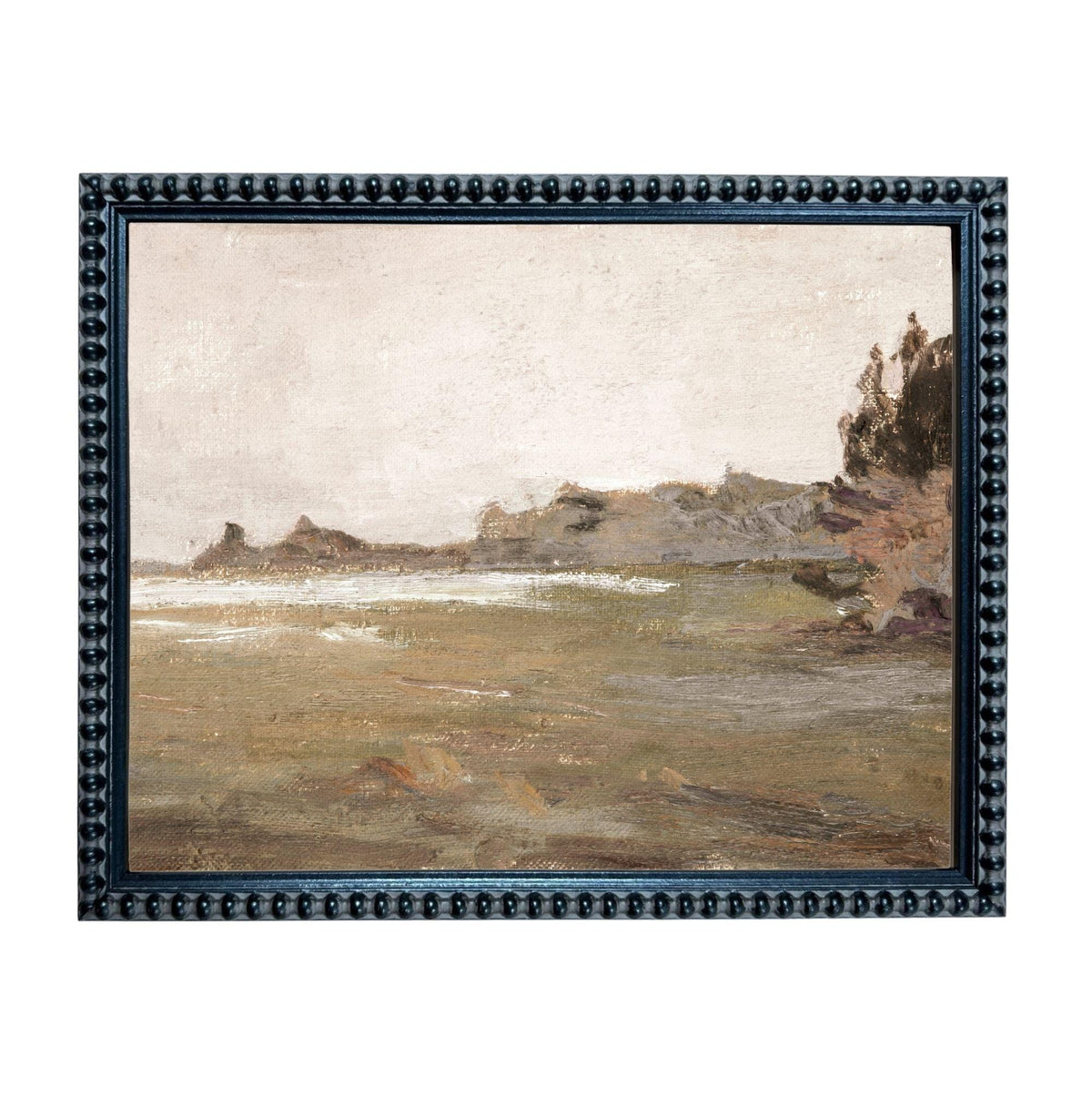 The image is a framed painting depicting a serene landscape with a body of water and rocky cliffs in the background.