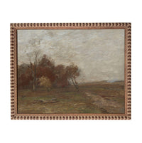 The image is a painting of a rural landscape with a dirt road, trees, and a cloudy sky.