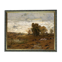 The image is a painting of a rural landscape with trees, grass, and a cloudy sky.