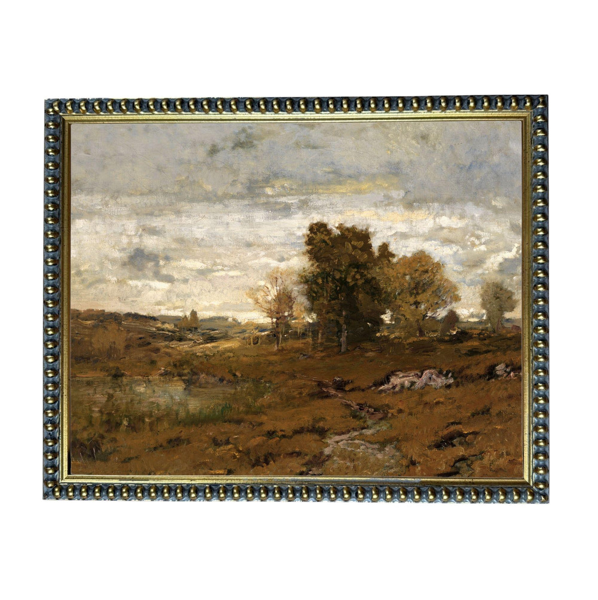 The image is a painting of a rural landscape with trees, grass, and a cloudy sky.