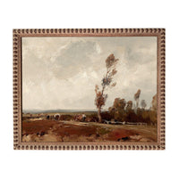 The image is an oil painting depicting a rural landscape with a field, trees, and a cloudy sky.
