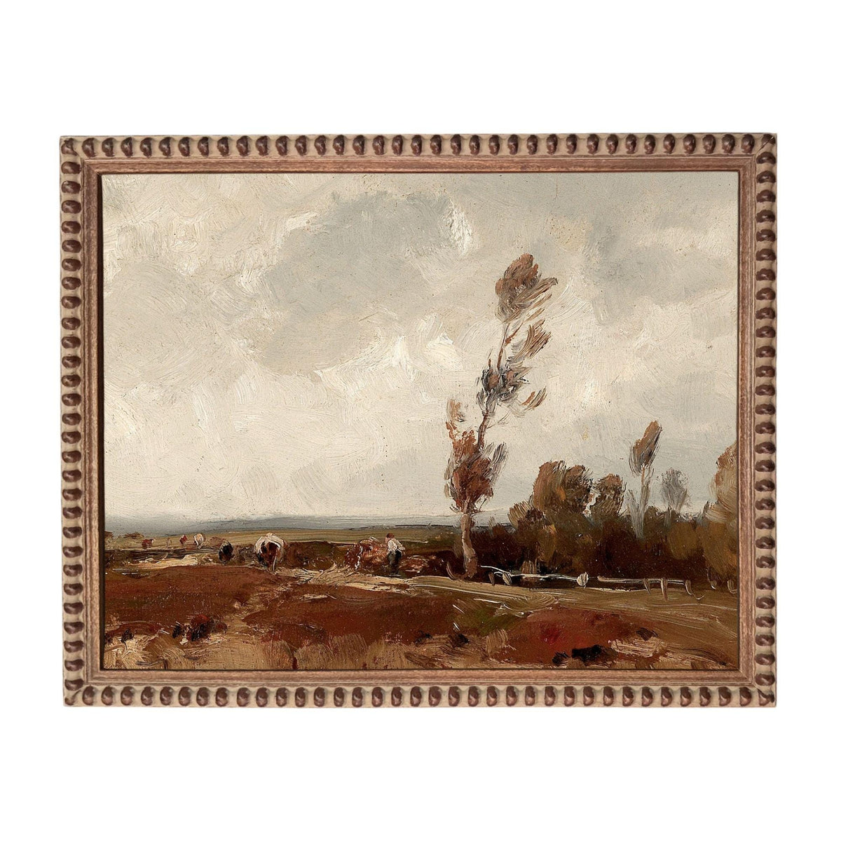The image is an oil painting depicting a rural landscape with a field, trees, and a cloudy sky.
