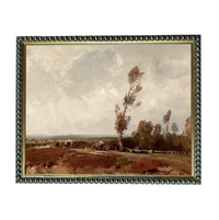 The image is a painting depicting a rural landscape with a field, trees, and a cloudy sky.