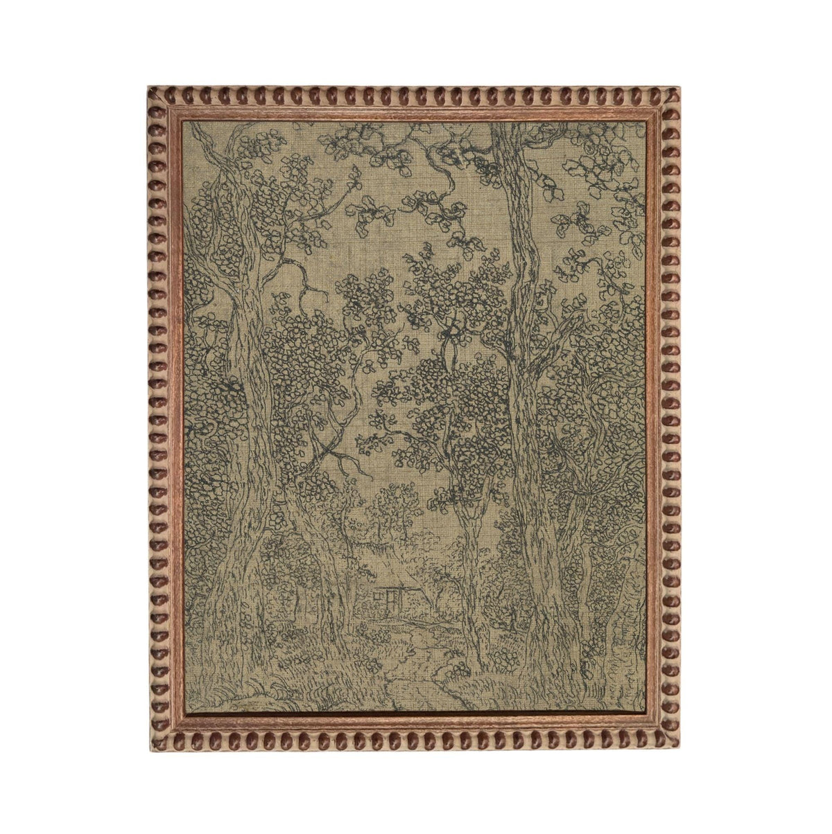 The image is a framed artwork depicting a forest scene with trees and foliage.