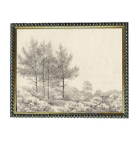 A black and white landscape painting depicting a serene scene of trees and foliage in a natural setting.