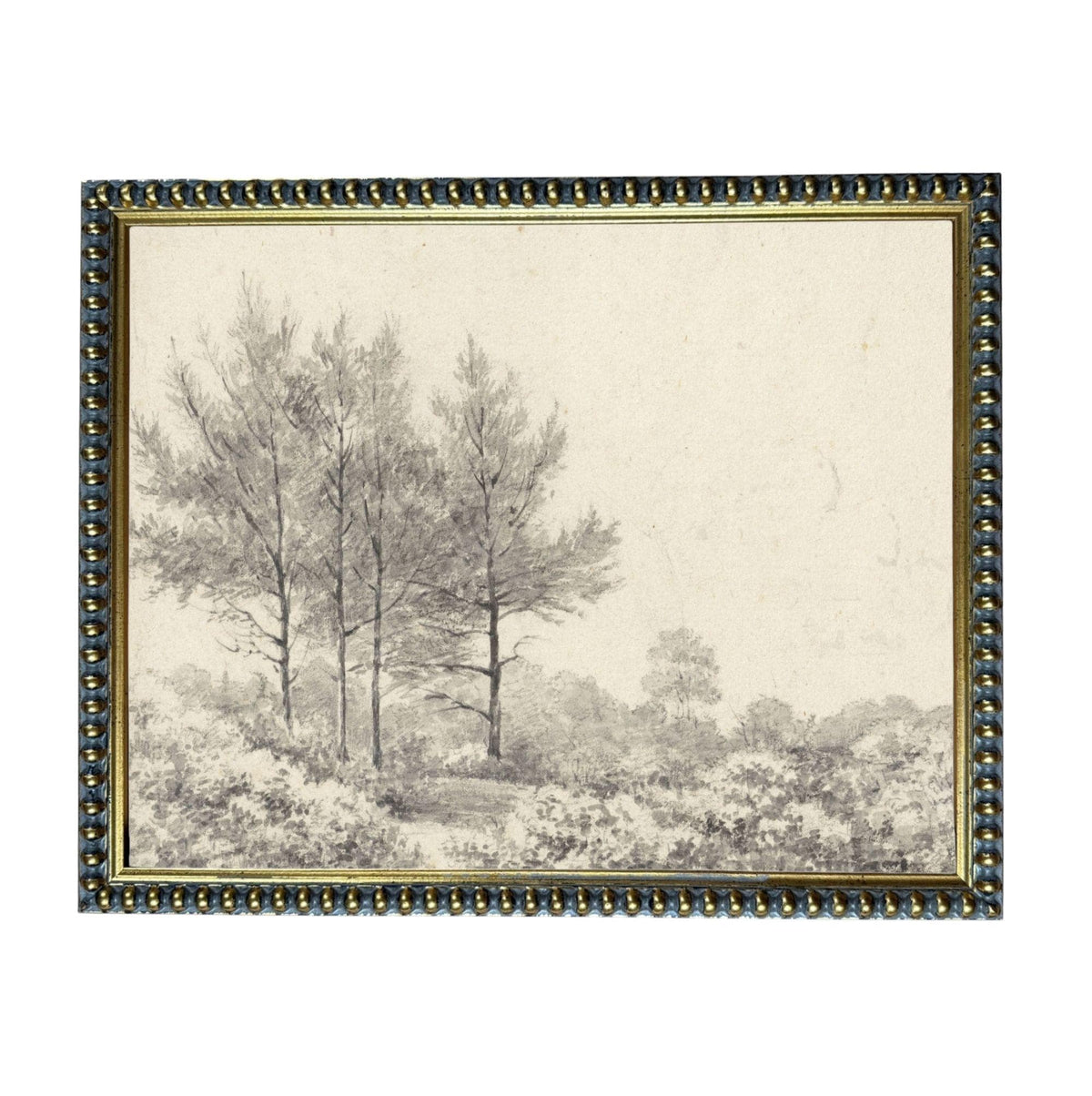 A black and white landscape painting depicting a serene scene of trees and foliage in a natural setting.