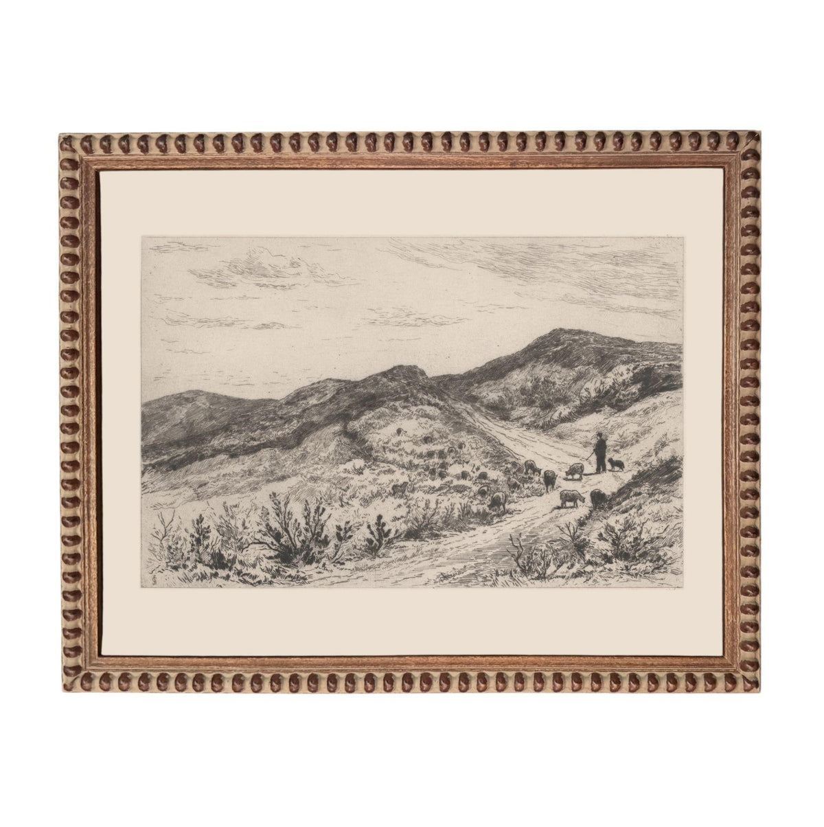 A black and white etching of a rural landscape with mountains, a winding road, and a person walking with a dog.