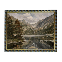 The image is a painting depicting a serene mountain landscape with a lake in the foreground. The painting features a variety of trees and mountains in the background, creating a sense of depth and vastness. The artist has used a realistic style to capture the details and colors of the natural scenery, resulting in a visually appealing and harmonious composition.