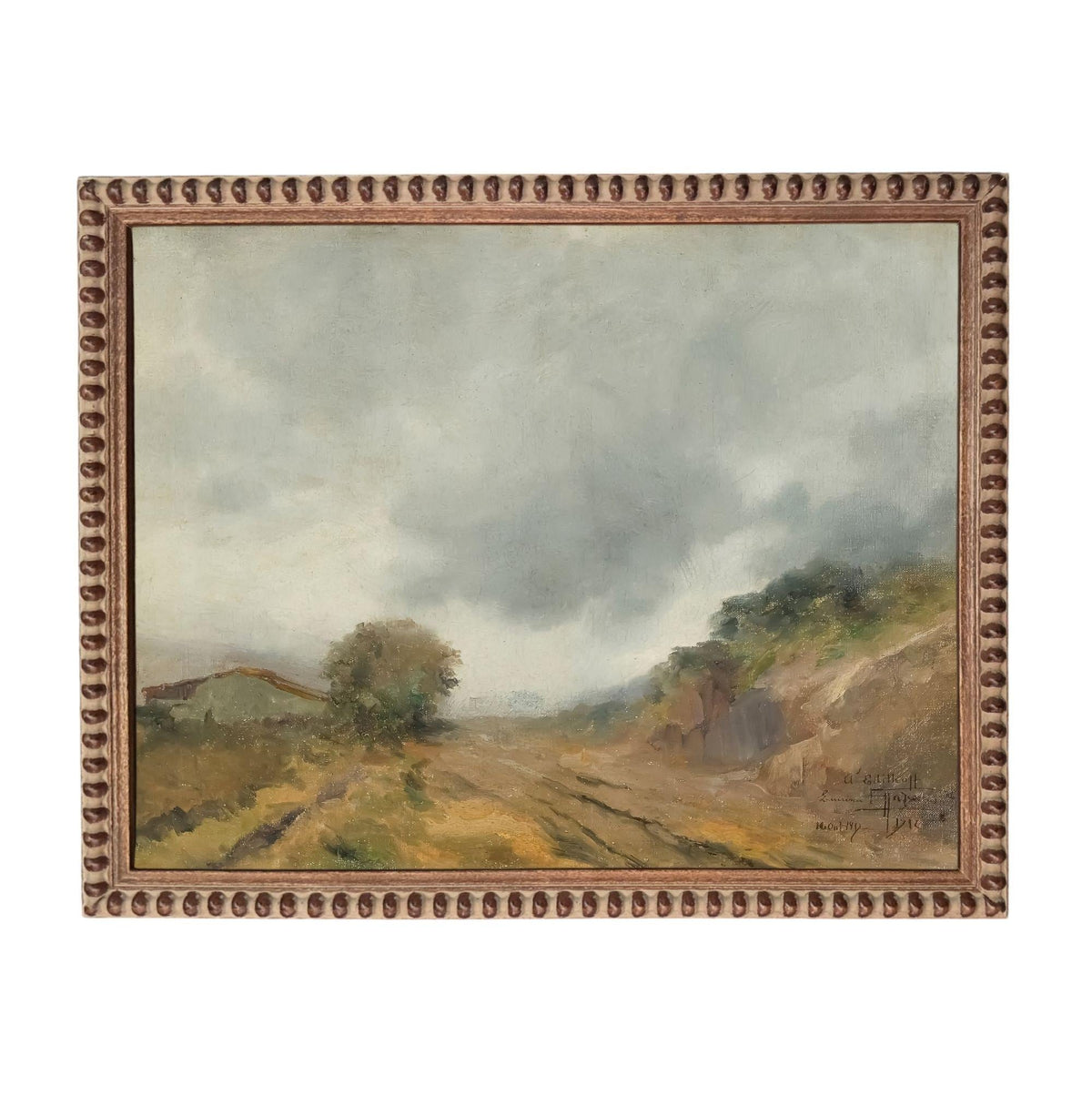 The image is a painting of a rural landscape with a cloudy sky, featuring a dirt road and a small building in the distance.