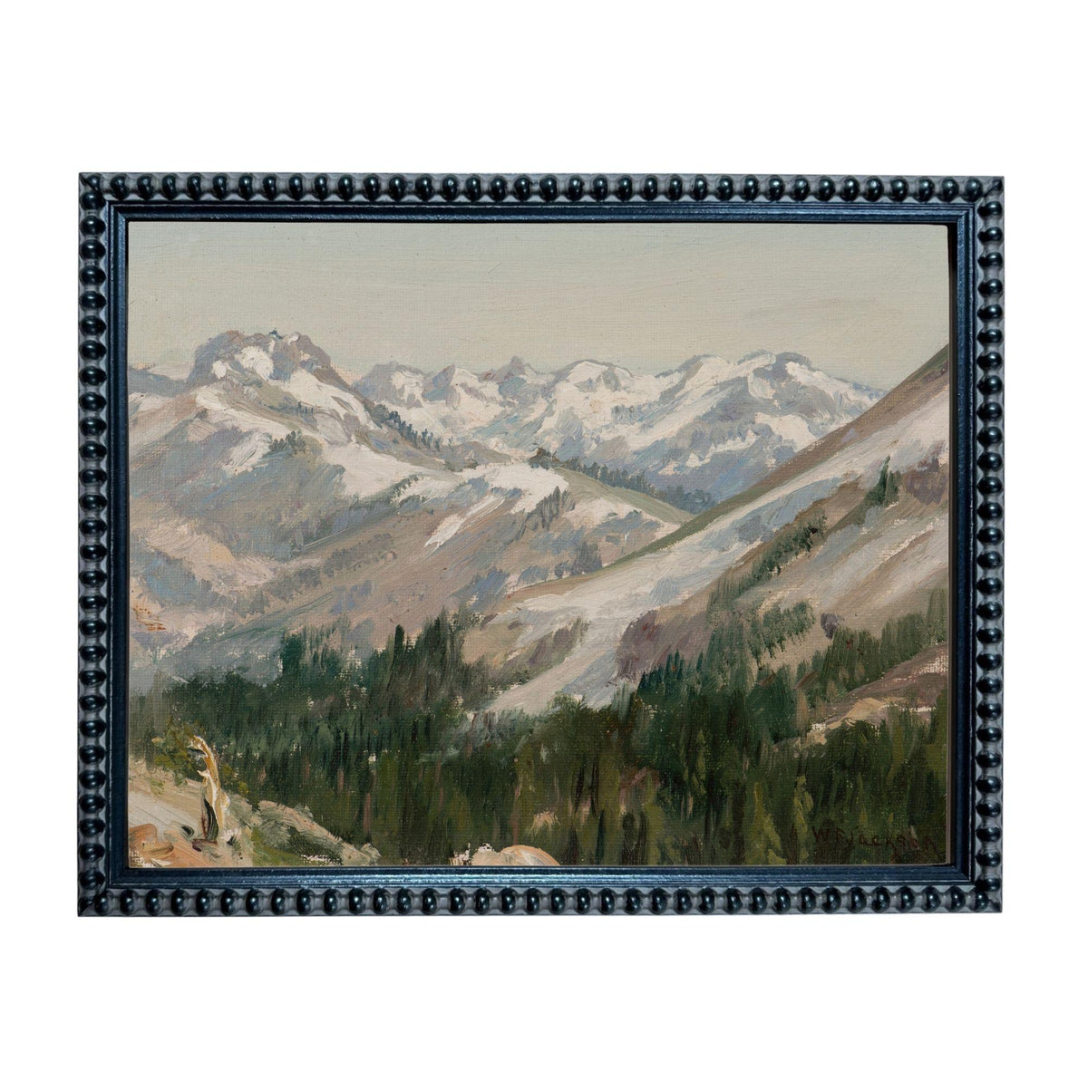 The image is a framed painting depicting a mountainous landscape with snow-capped peaks, lush forests, and a winding path through the terrain.