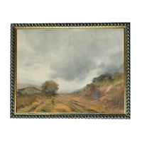 The image is a painting of a rural landscape with a winding dirt road, trees, and a cloudy sky.