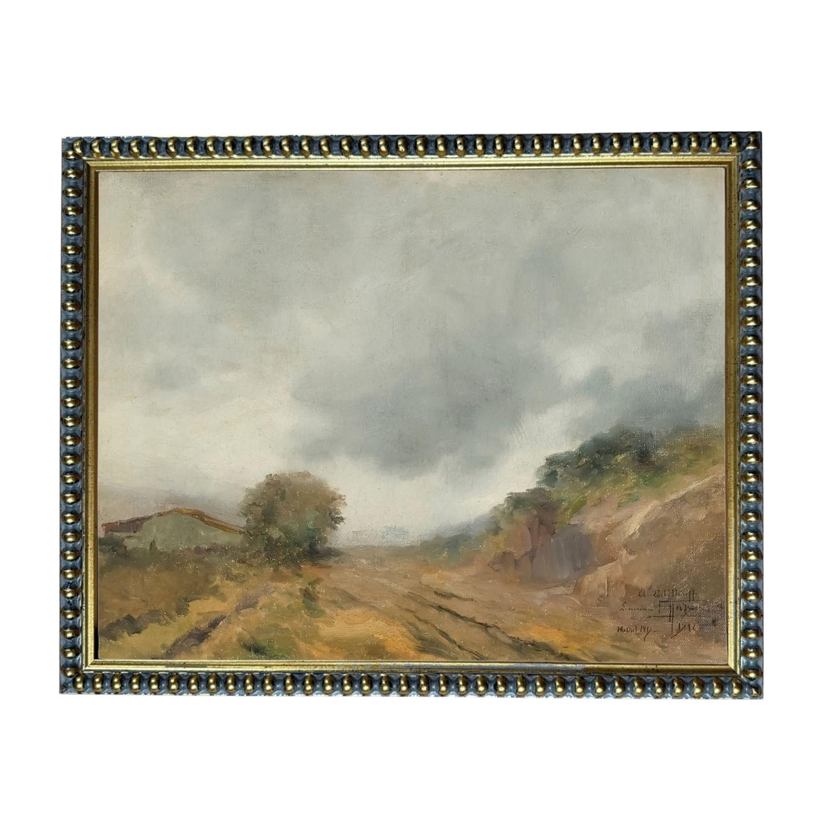 The image is a painting of a rural landscape with a winding dirt road, trees, and a cloudy sky.