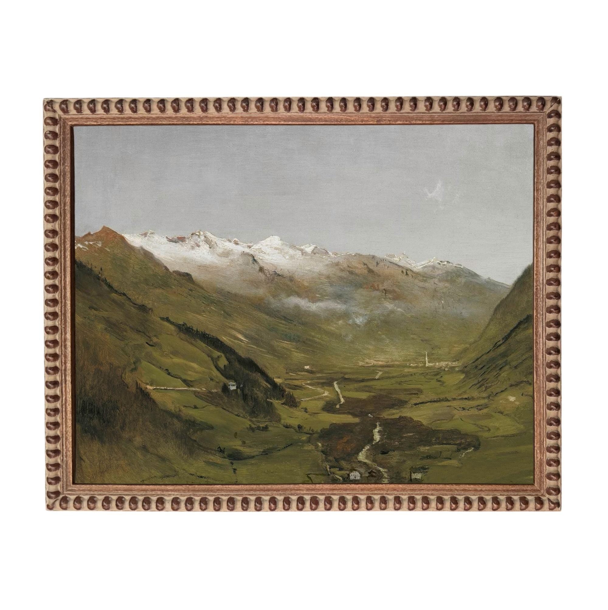 The image is a painting of a mountainous landscape with snow-capped peaks, lush green valleys, and a winding river.