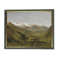 The image is a painting of a mountainous landscape with a valley in the foreground.
