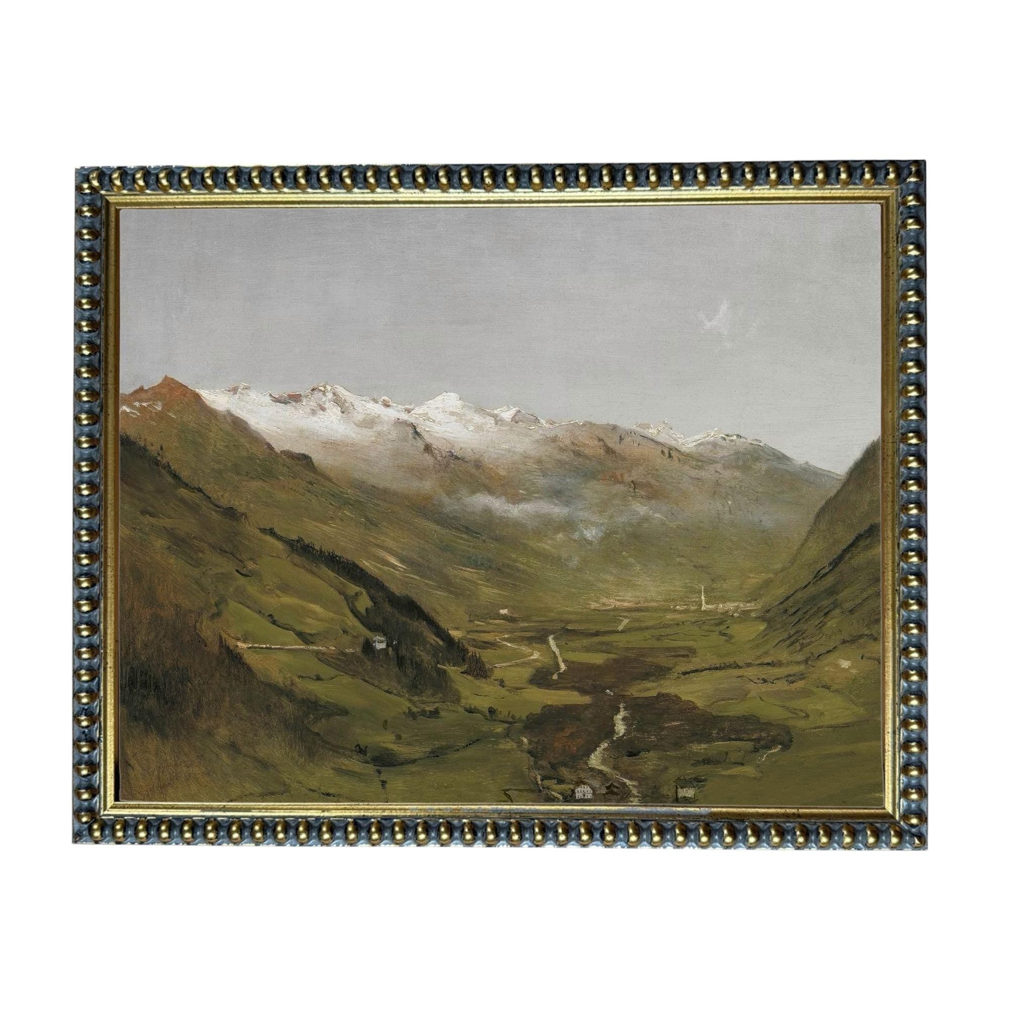 The image is a painting of a mountainous landscape with a valley in the foreground.