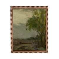 The image is an oil painting depicting a landscape with a tree in the foreground and a hazy sky in the background.