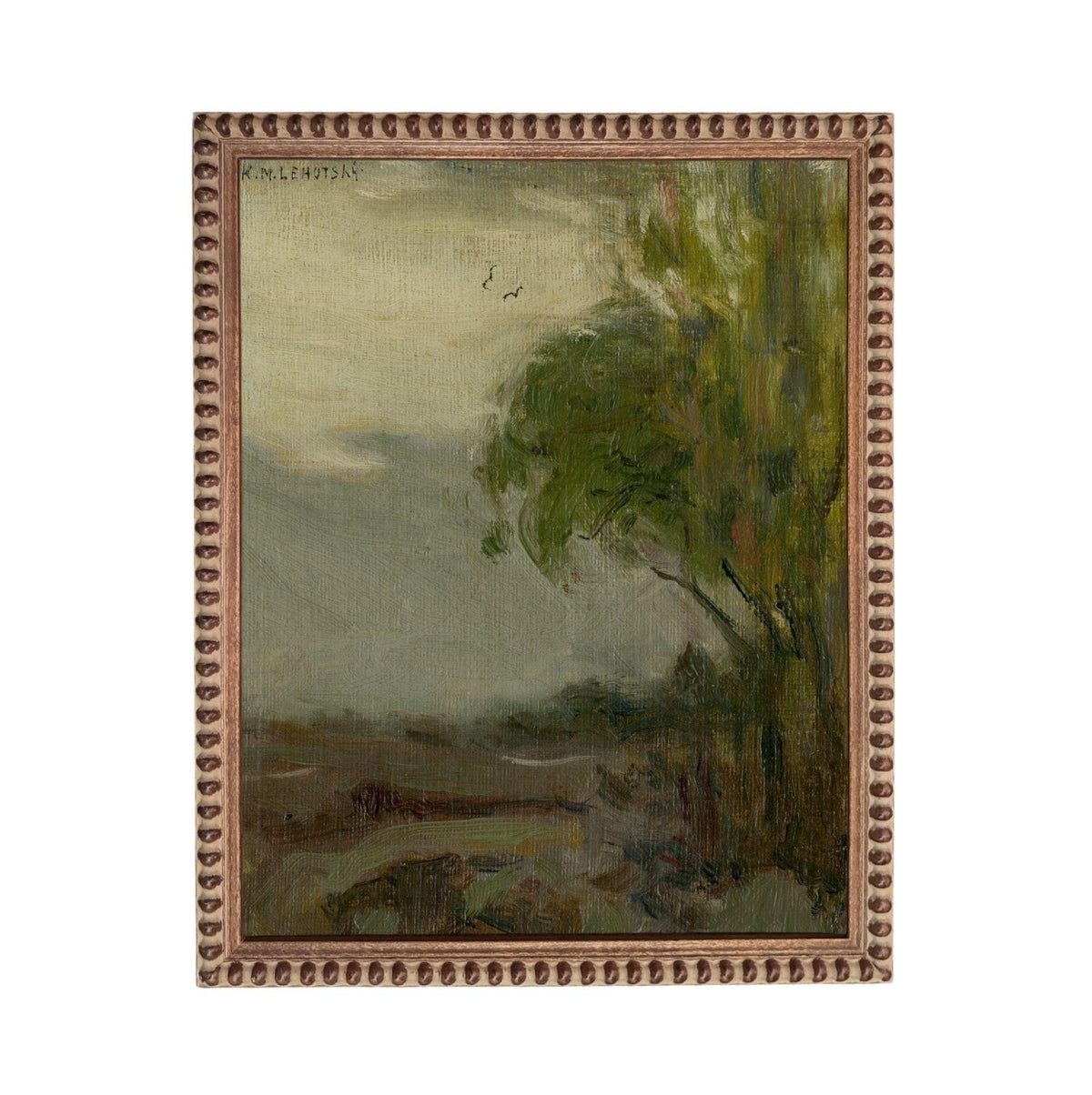 The image is an oil painting depicting a landscape with a tree in the foreground and a hazy sky in the background.