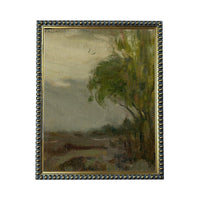 The image is a painting of a landscape with a tree in the foreground and a hazy sky in the background.
