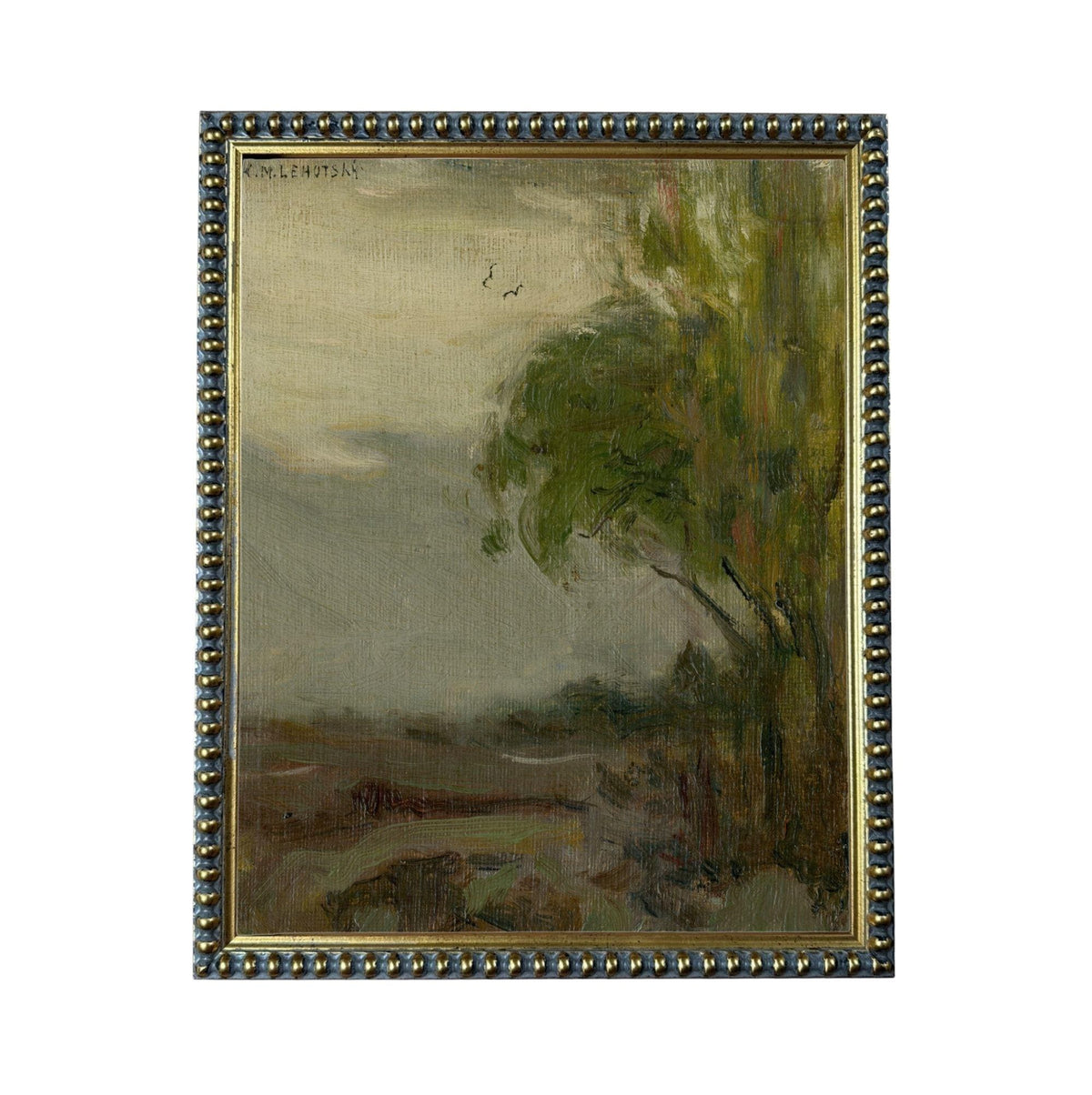 The image is a painting of a landscape with a tree in the foreground and a hazy sky in the background.