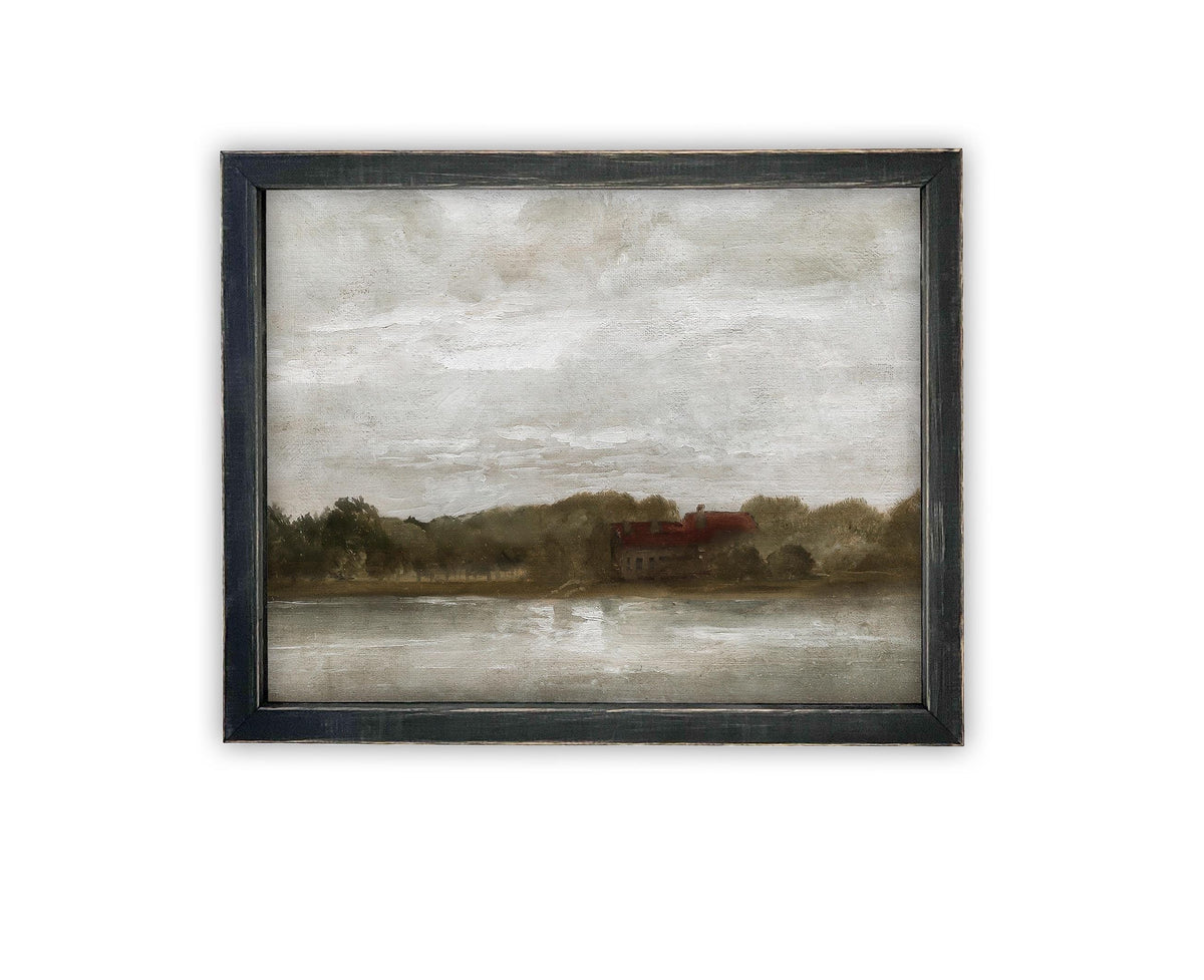 READY to SHIP 24X36 Framed Lake House Canvas Print: Vintage Farmhouse Landscape Art