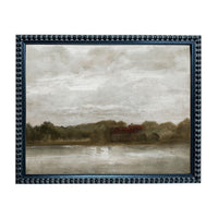 The image is a framed painting depicting a serene landscape with a house and trees in the distance, set against a cloudy sky.