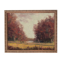 The image is an oil painting depicting a serene landscape with a field, trees, and a body of water.