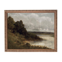 The image is a painting of a landscape featuring a river, trees, and a cloudy sky.