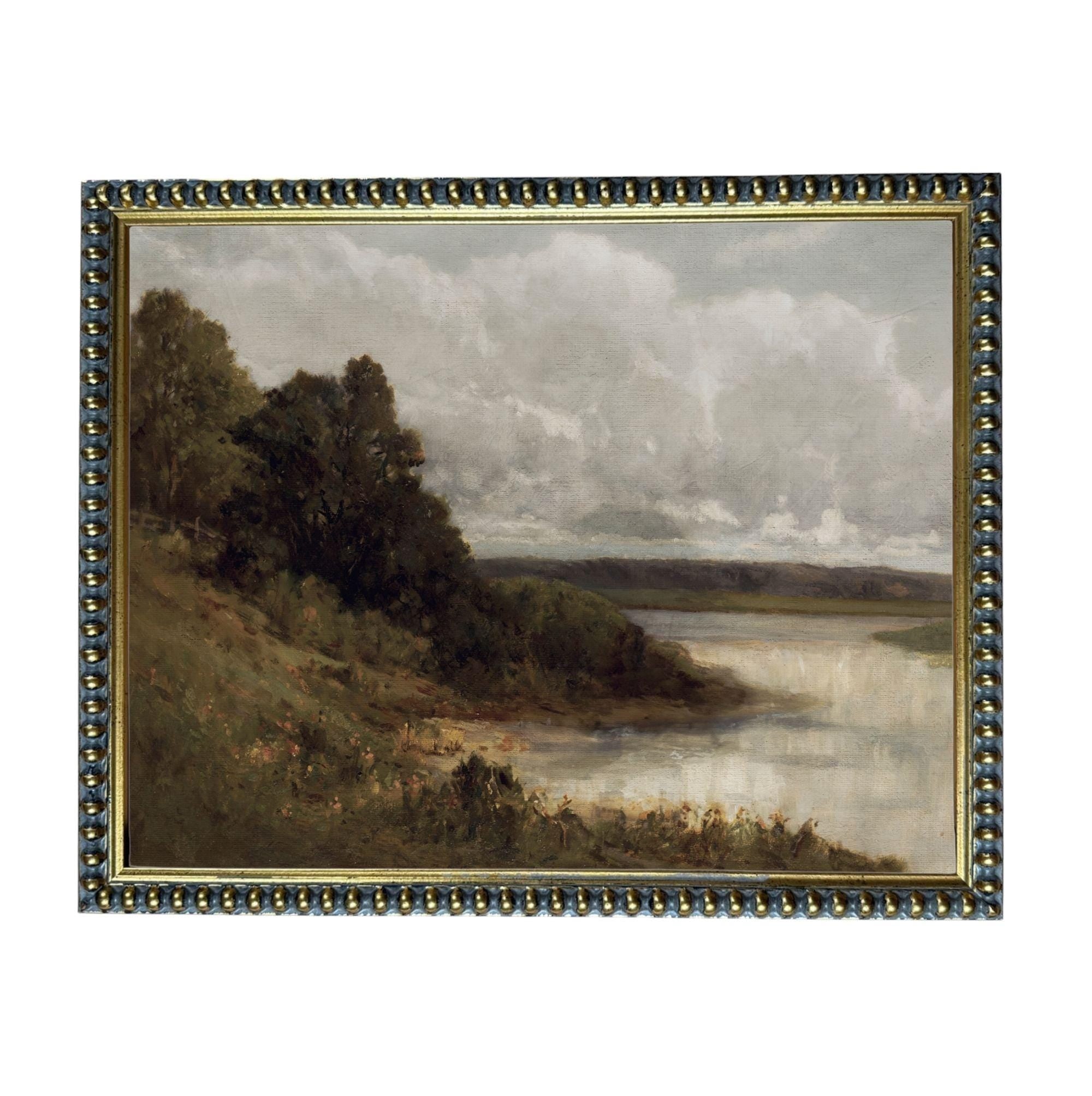 The image is a painting of a landscape featuring a river, trees, and a cloudy sky.